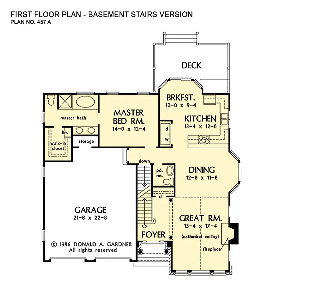 This is the first floor plan image for narrow lot house plan 457 The Kingsport if the home is built over a basement