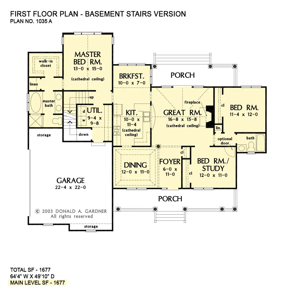 This is the first floor plan image for cottage house plan 1035 The Knoxville if the home is built over a basement