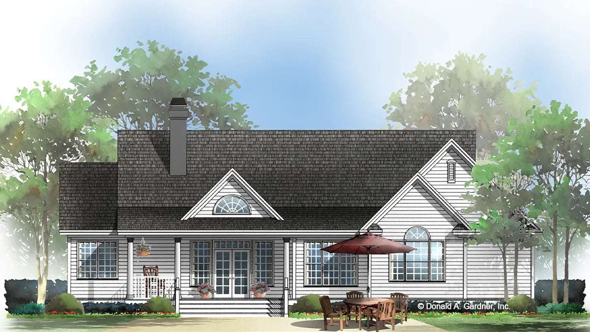 This is an illustration of the rear of cottage house plan 1035 The Knoxville