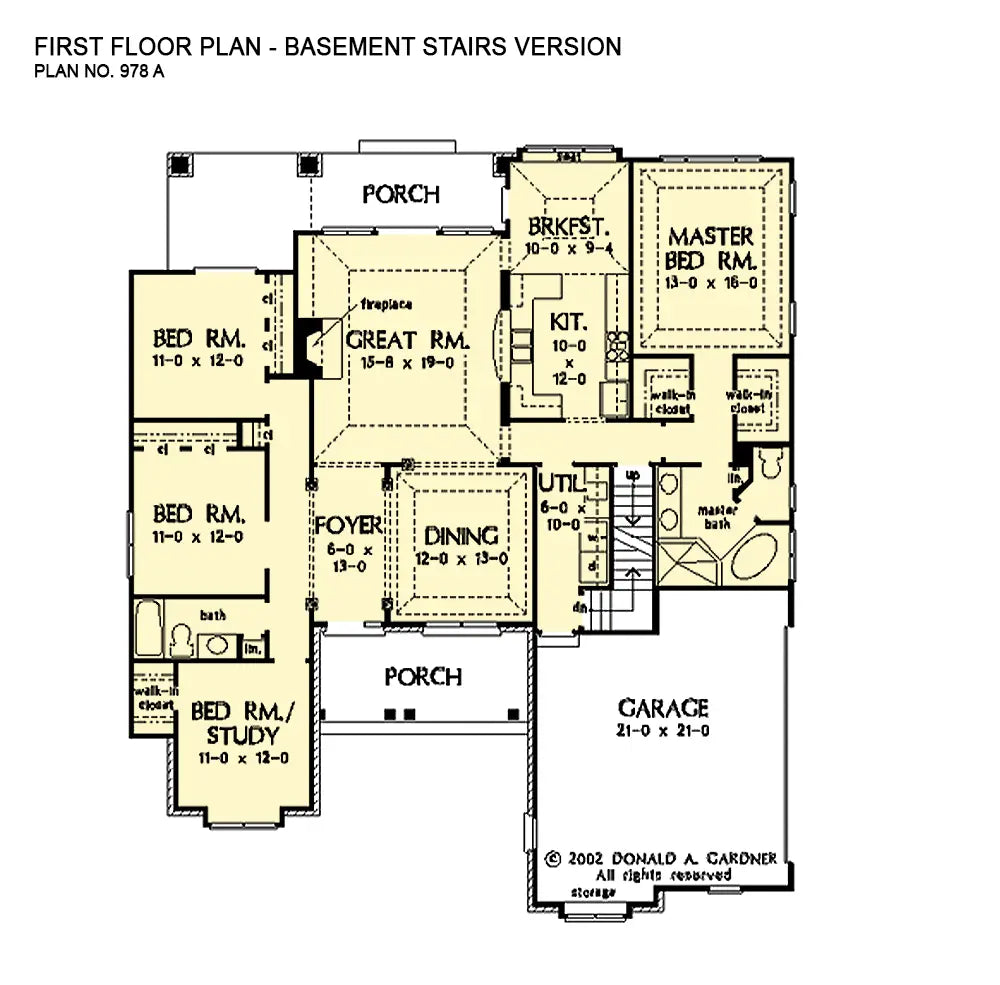 This is the first floor plan image for four bedroom house plan 978 The Kyler if the home is built over a basement