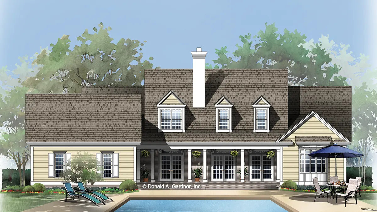 Rear view illustration with a rear covered porch. The Lafayette plan 471. 