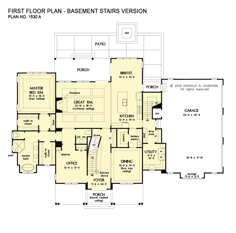 This is the first floor plan image for luxury house plan 1530 The Lambert if the home is built over a basement