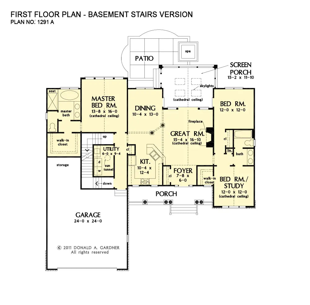 This is the first floor plan image for craftsman house plan 1291 The Landry if the home is built over a basement