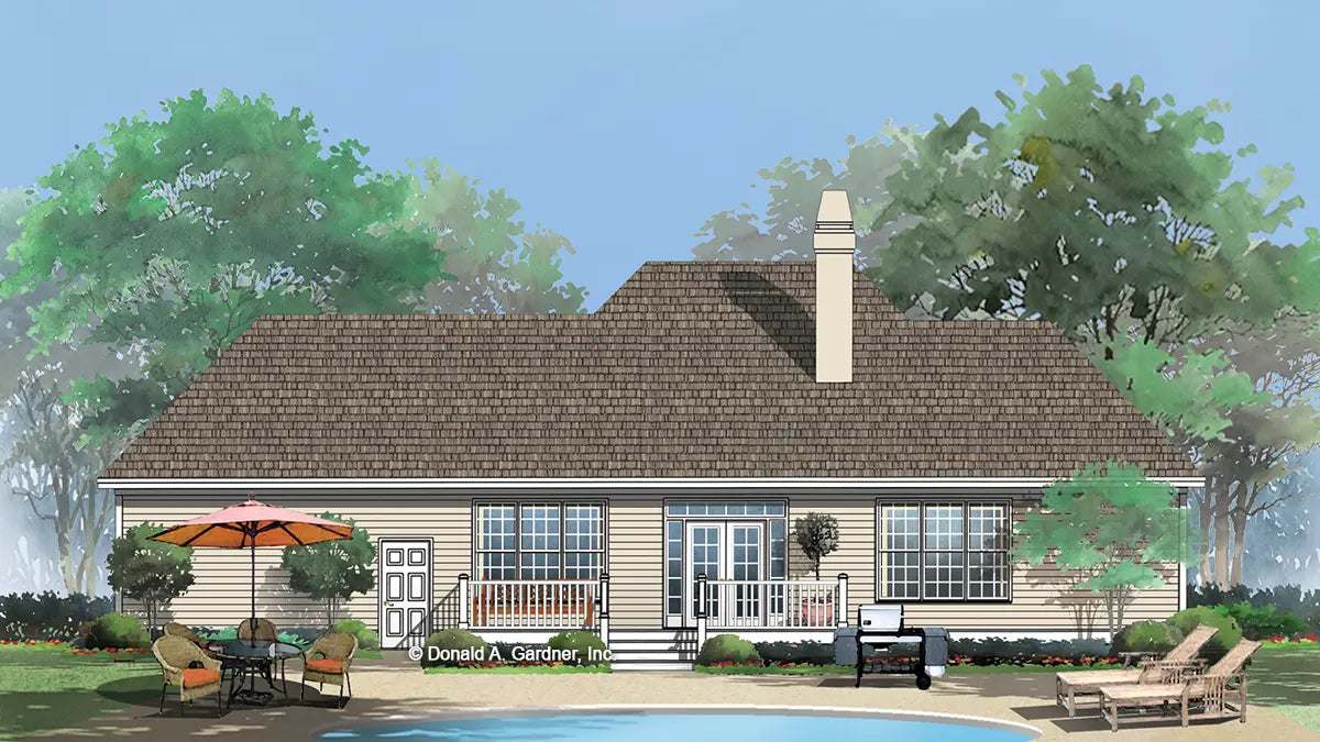 This is an illustration of the rear of three bedroom house plan 889 The Larchmont