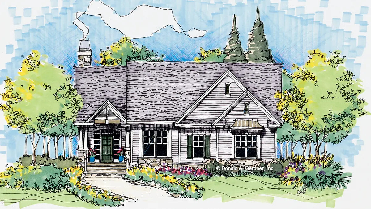 This is an illustration of the front of four bedroom house plan 850 The Larking