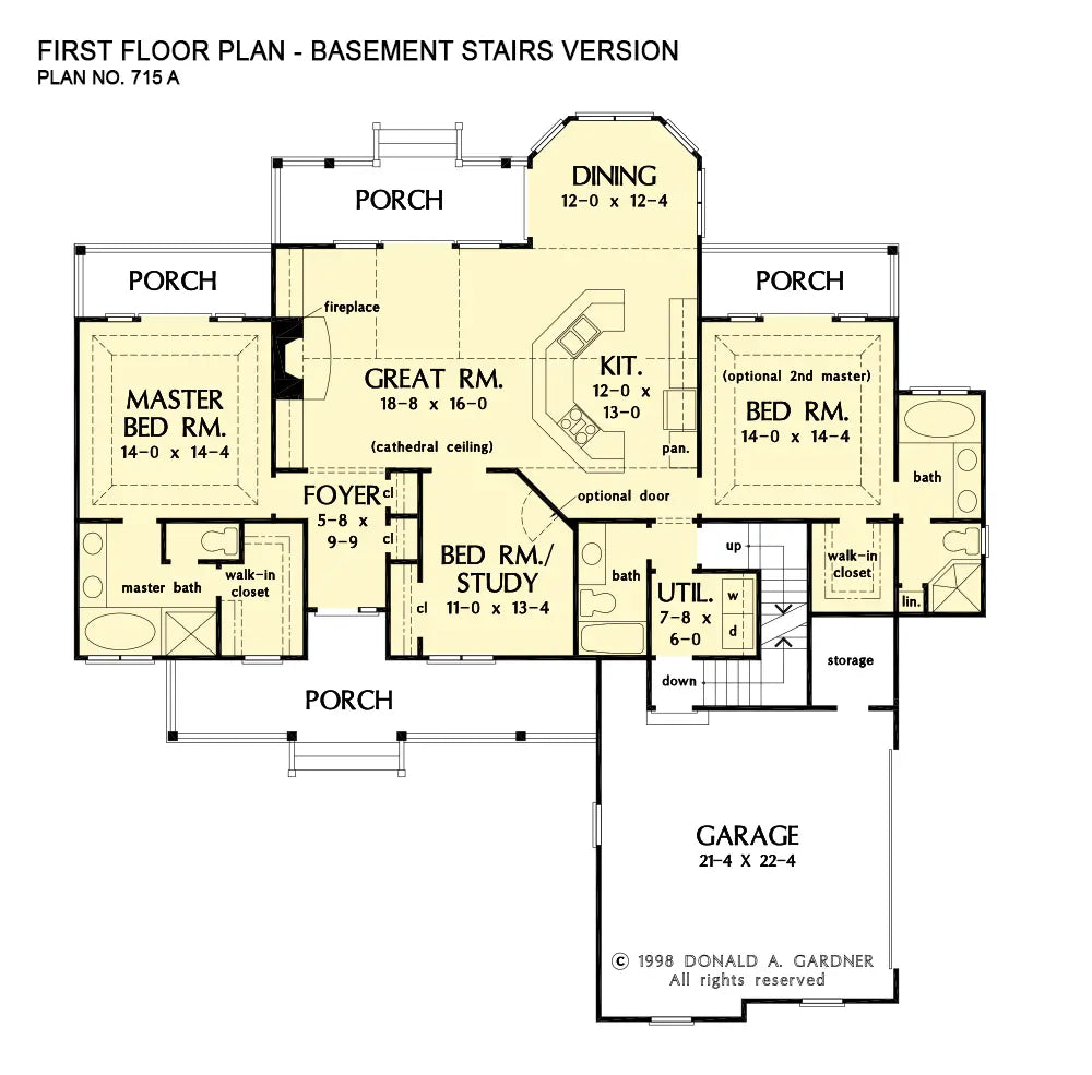 This is the first floor plan image for small house plan 715 The Larkspur if the home is built over a basement