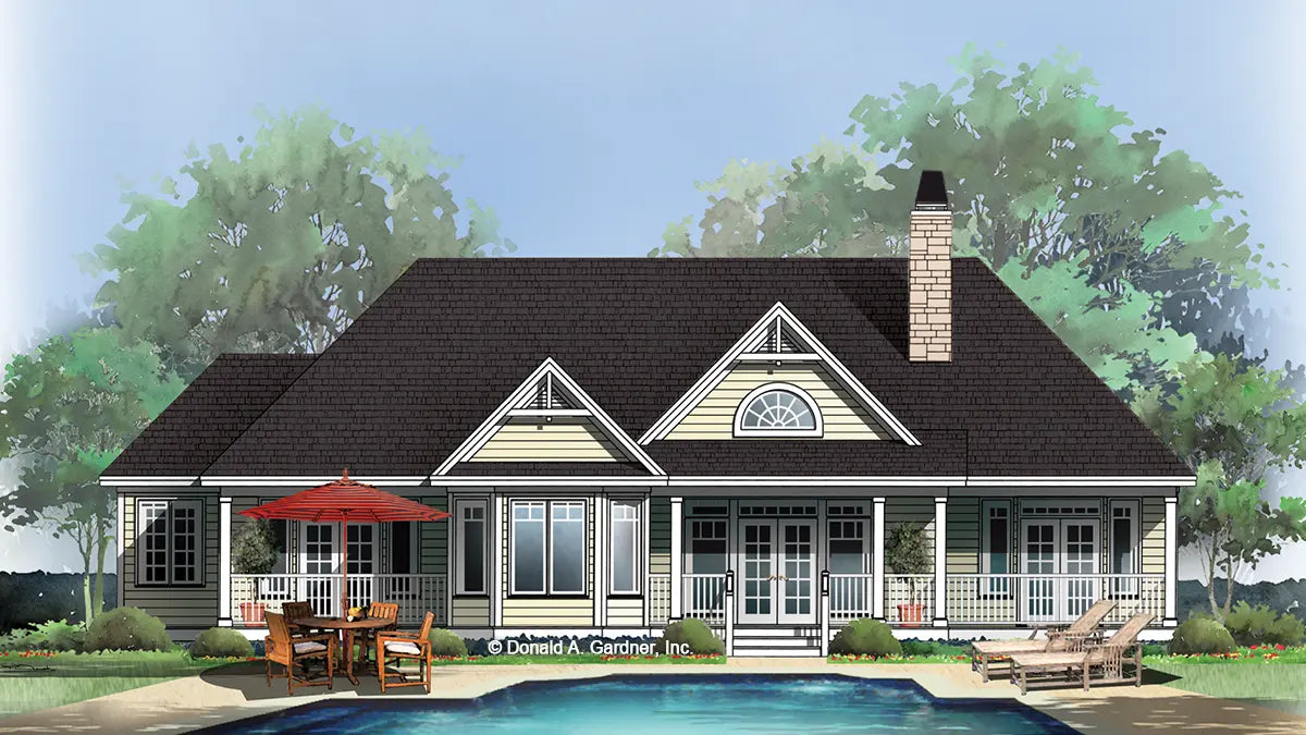 This is an illustration of the rear of small house plan 715 The Larkspur