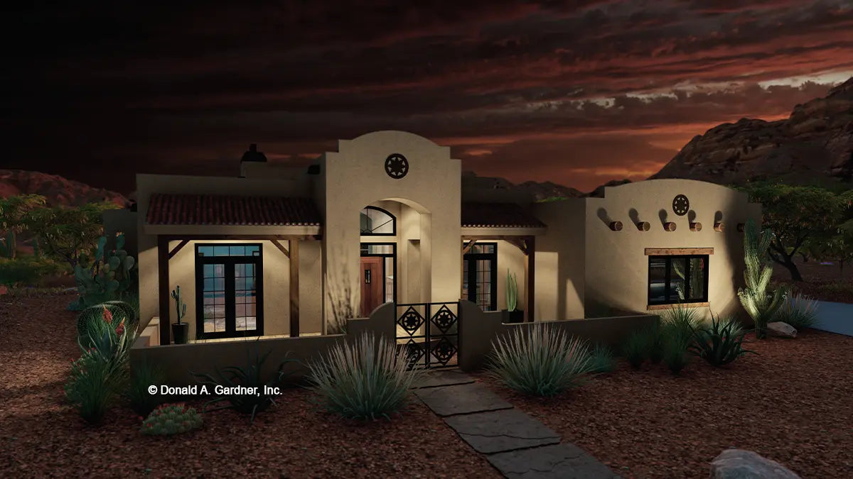 This is an illustration of the front of three bedroom house plan 996 The Las Cruces at dusk