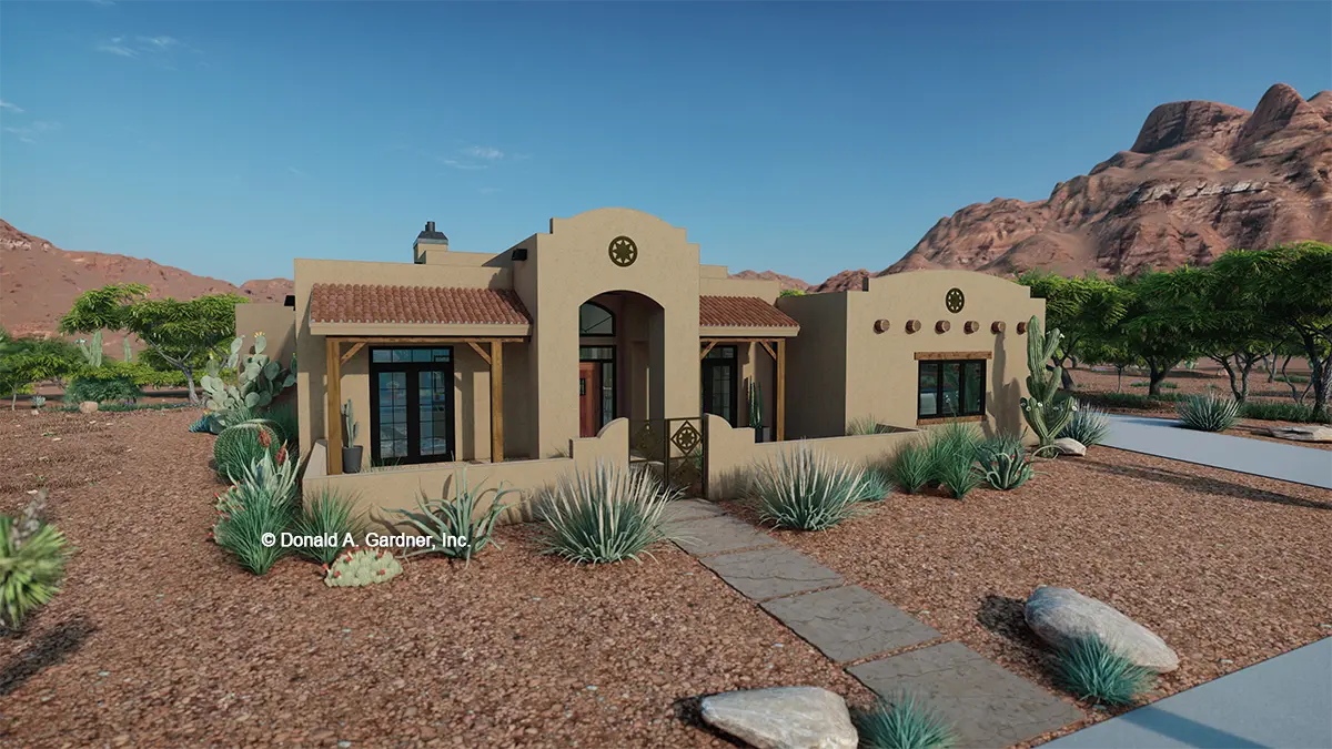 This is an illustration of the front of southwest house plan 996 The Las Cruces