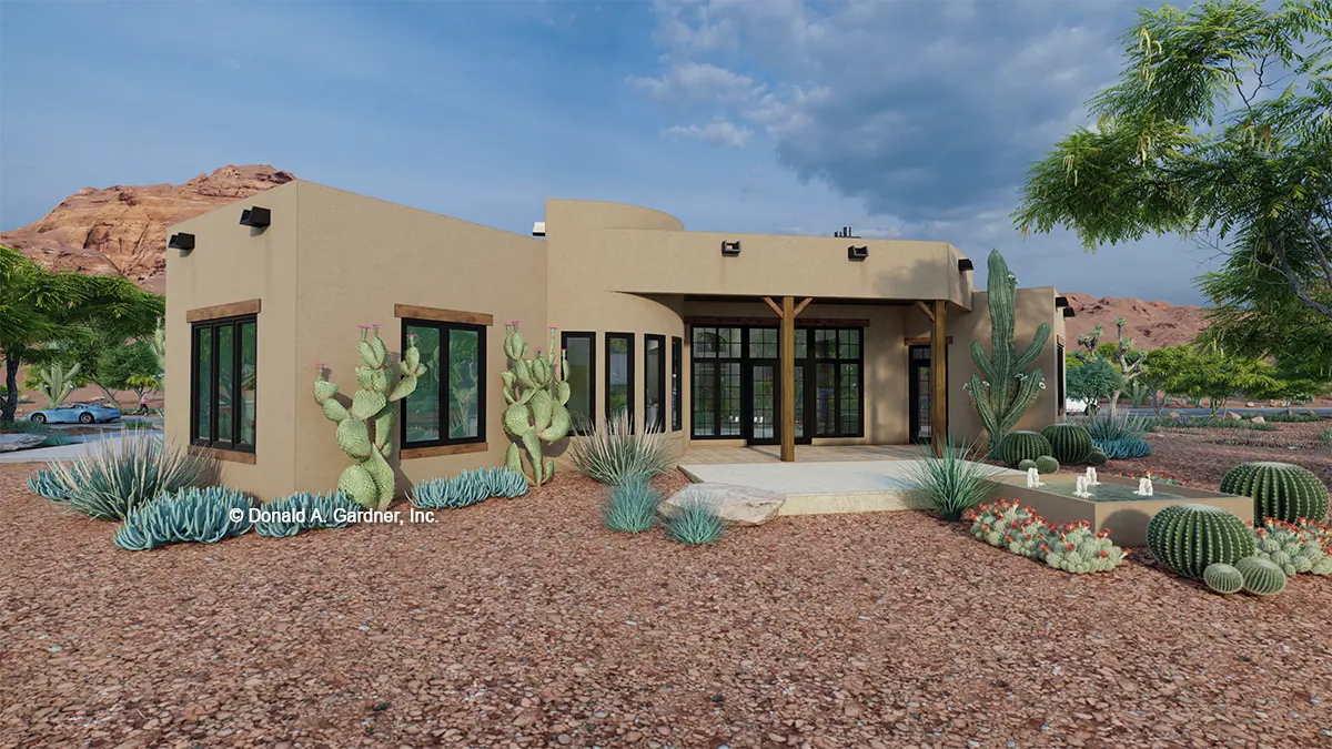 This is an illustration of the rear of desert house plan 996 The Las Cruces