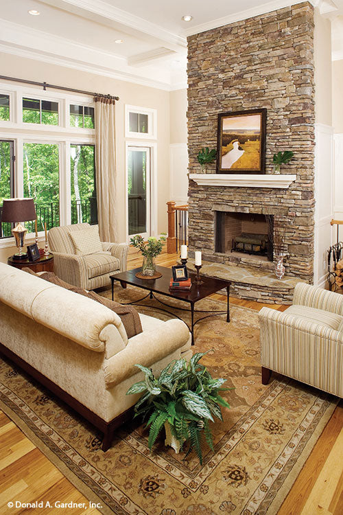 Stone fireplace in the great room. The Laurelwood plan 5024.