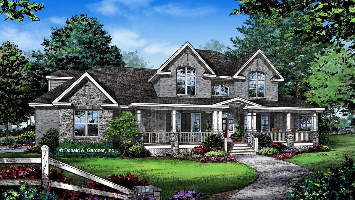 This is an illustration of the front of Brick Farmhouse house plan 1407 The Lawrenceville