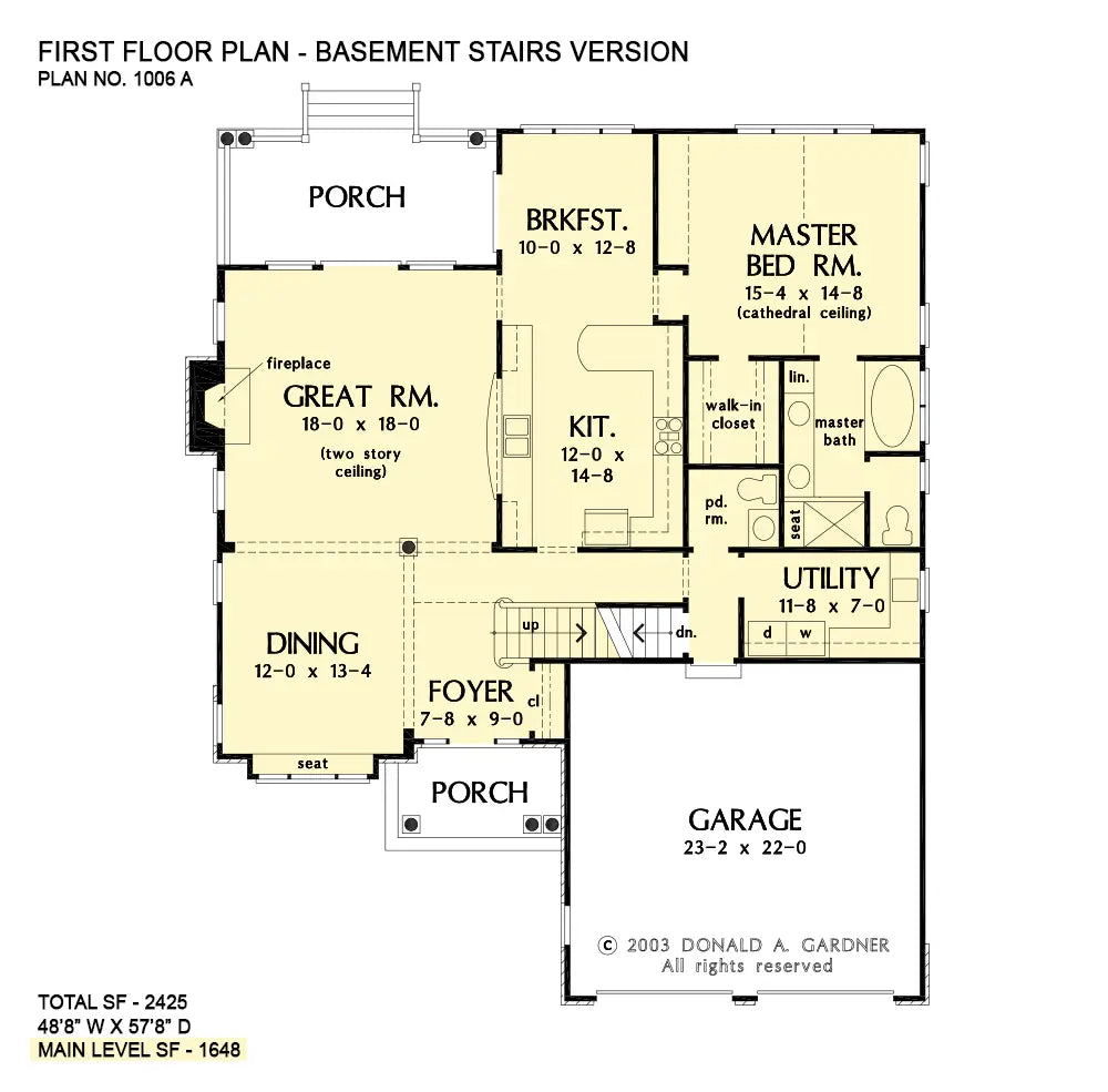 This is the first floor plan image for neighborhood house plan 1006 The Ledgestone if the home is built over a basement