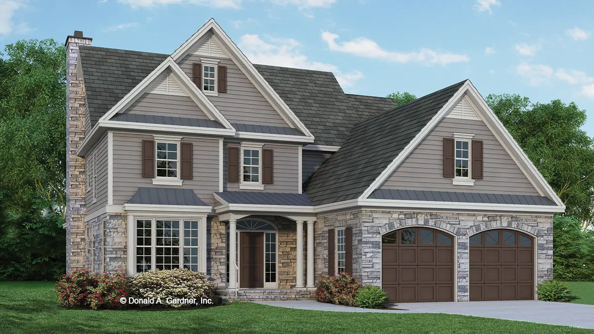 This is an illustration of the front of traditional house plan 1006 The Ledgestone