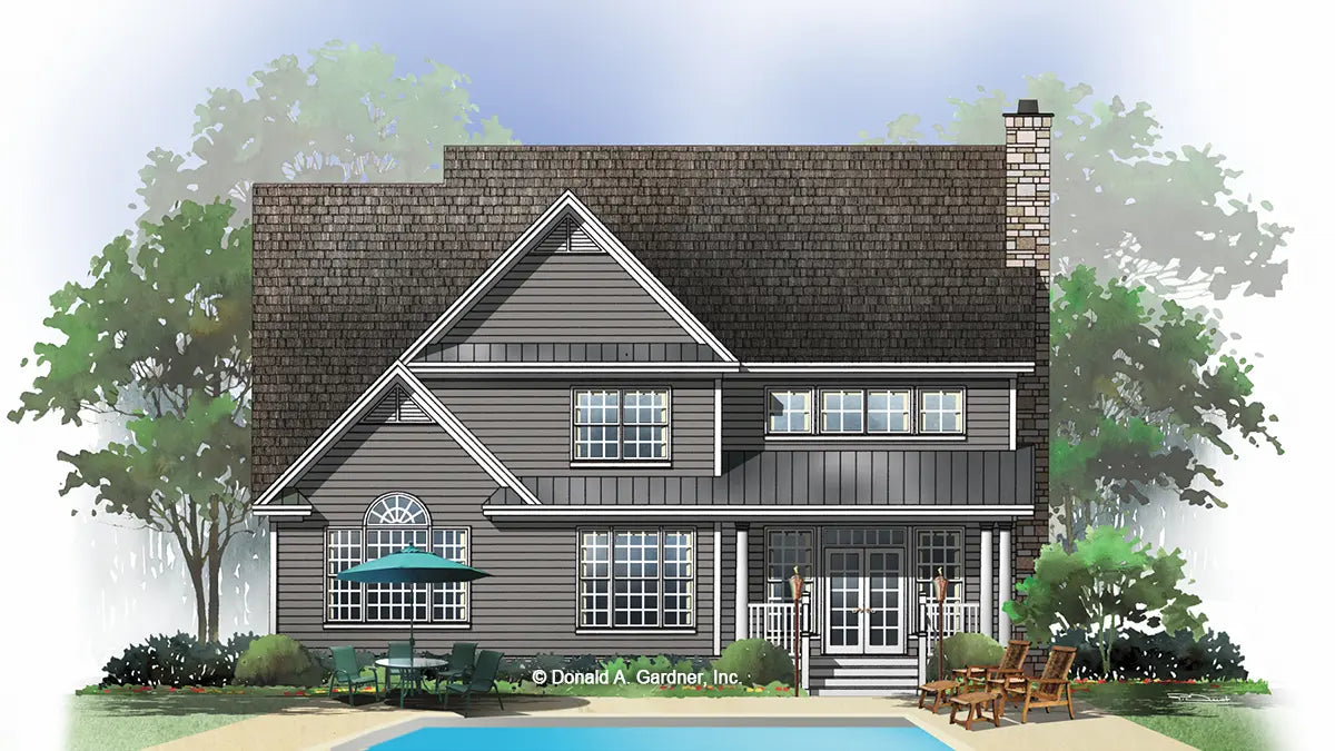 This is an illustration of the rear of neighborhood house plan 1006 The Ledgestone