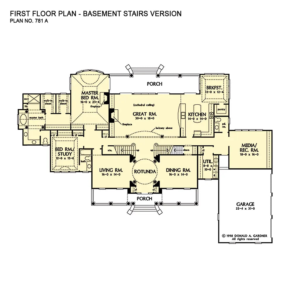 This is the first floor plan image for country house plan 781 The Legacy if the home is built over a basement