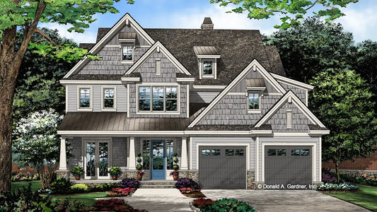 This is an illustration of the front of two story house plan 1455 The Lehman