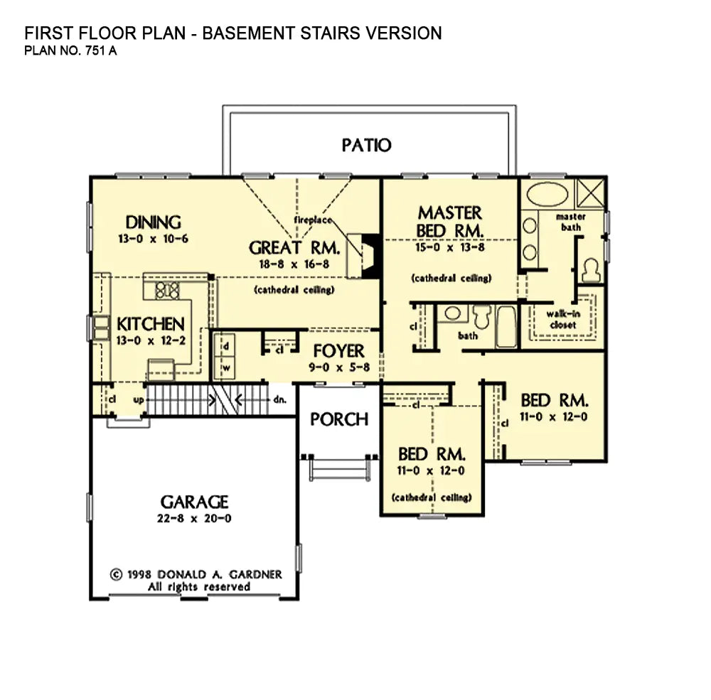 This is the first floor plan image for simple house plan 751 The Leighton if the home is built over a basement