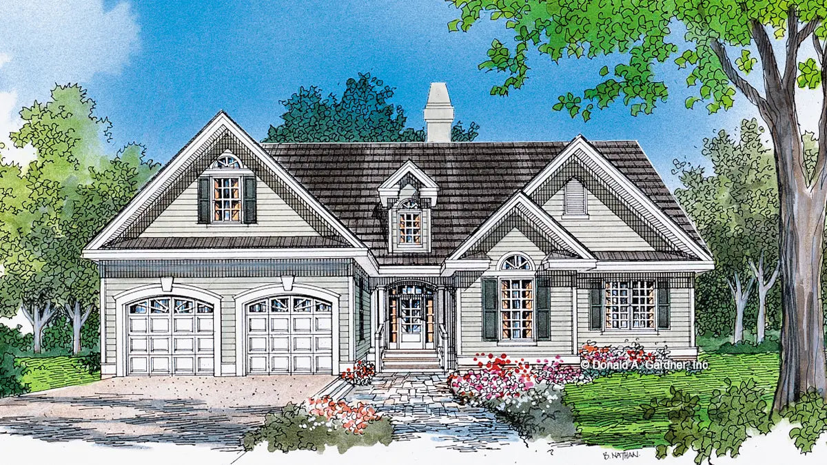 This is an illustration of the front of small house plan 751 The Leighton