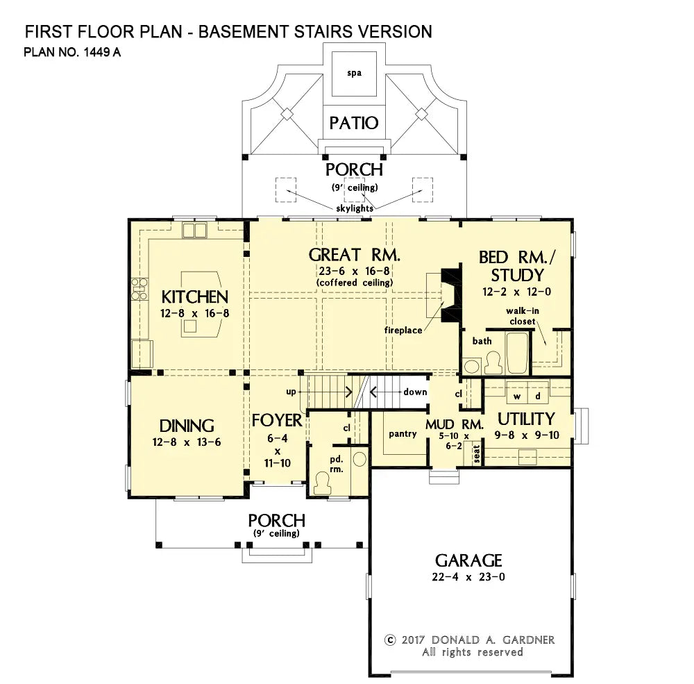 This is the first floor plan image for cottage house plan 1449 The Leland if the home is built over a basement