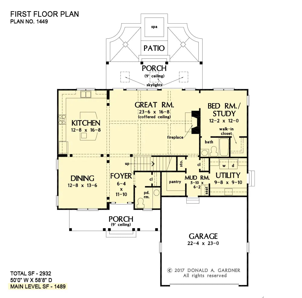 This is the first floor plan image for narrow lot house plan 1449 The Leland