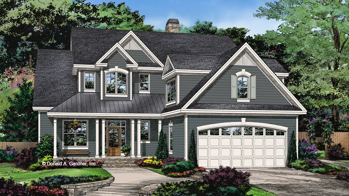 This is an illustration of the front of narrow lot house plan 1449 The Leland