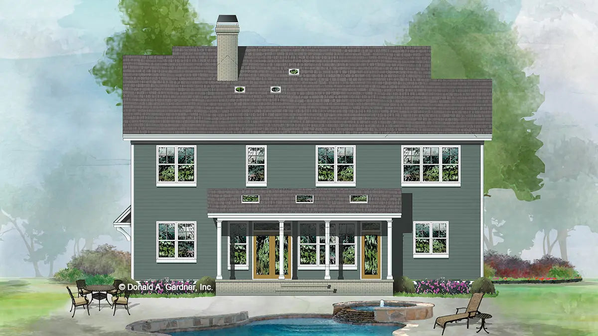 This is an illustration of the rear of cottage house plan 1449 The Leland