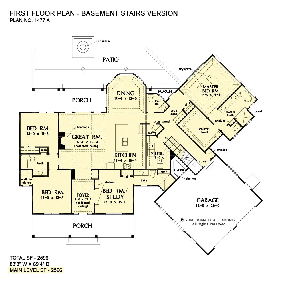 This is the first floor plan image for four bedroom house plan 1477 The Leslie if the home is built over a basement