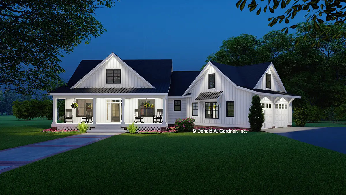 This is an illustration of the front of one story house plan 1477 The Leslie at dusk