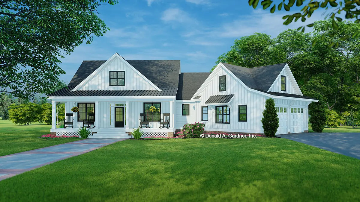 This is an illustration of the front of Modern Farmhouse house plan 1477 The Leslie