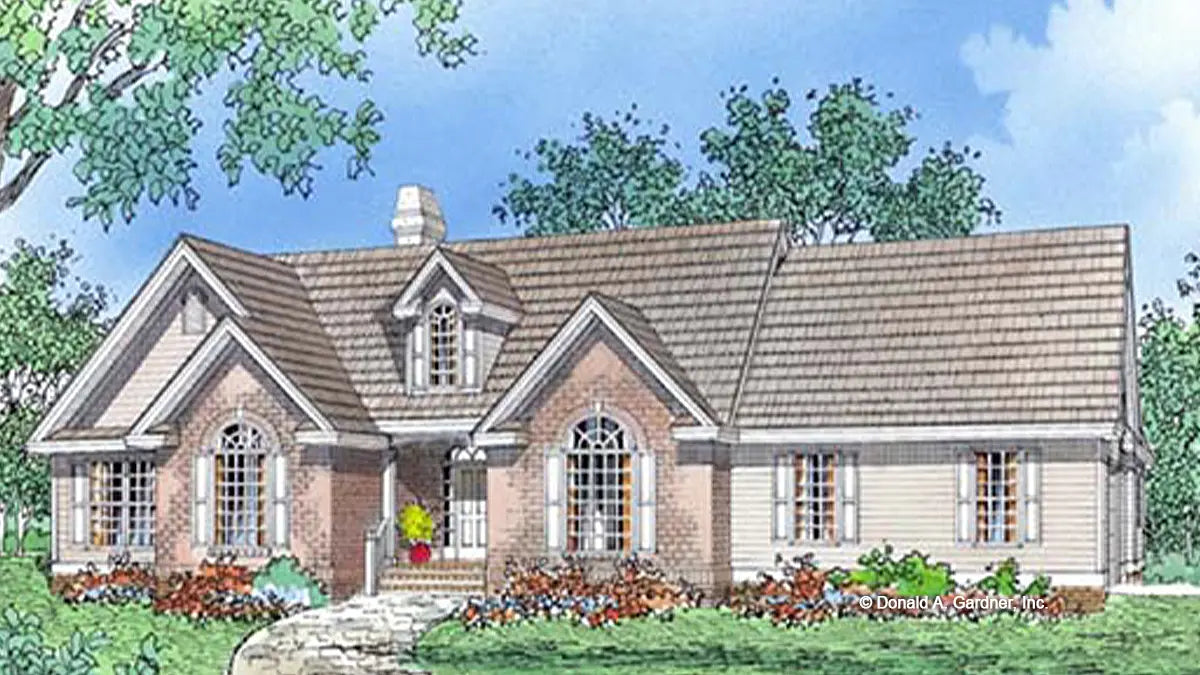 Front view illustration of a brick two story home. The Lexington plan 423.