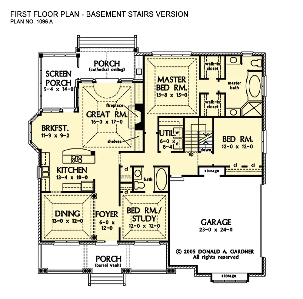 first floor plan with alteration made to the stirs behind the garage to give access to the optional basement