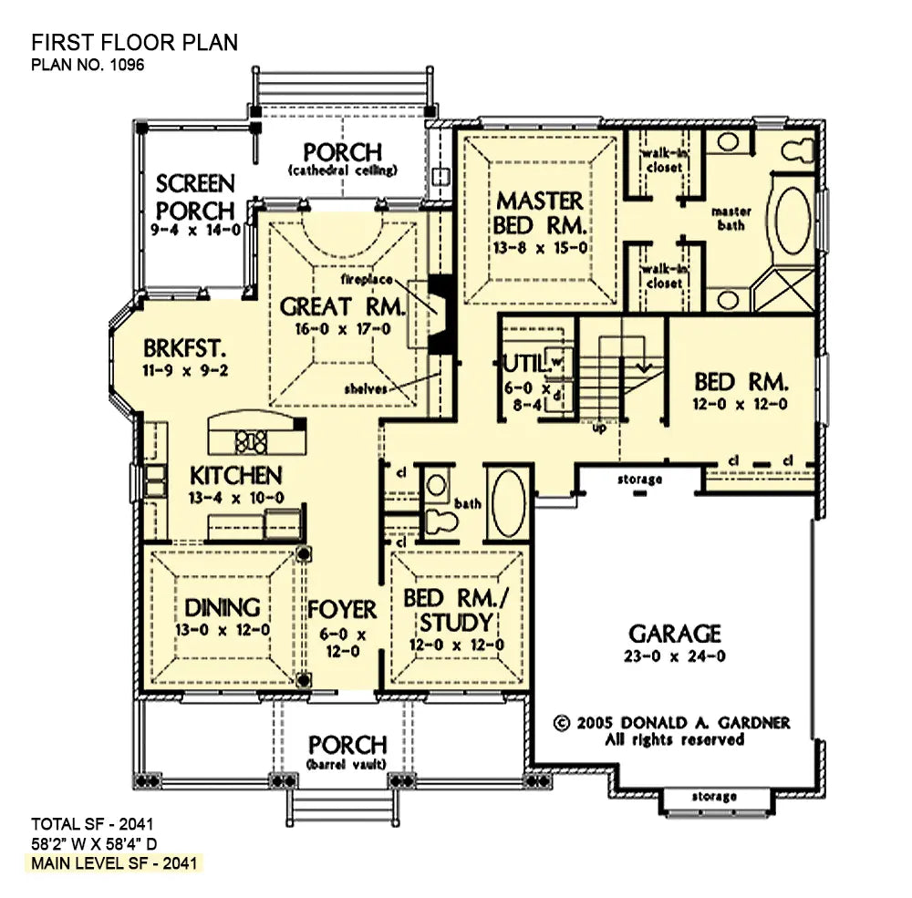 first floor plan with a 2 car garage, bedroom/study, master suite in the rear right and great room/kitchen area in the left rear