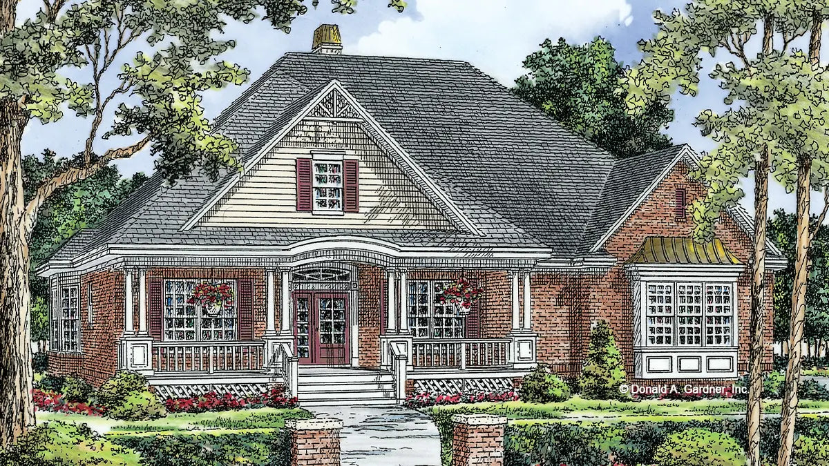 Twin sets of columns, dramatic roof pitches and a side-entry garage make up this impressive exterior.