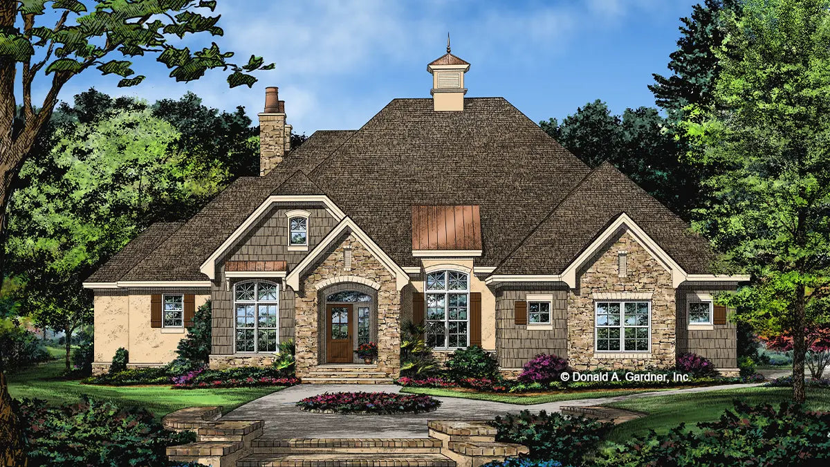 This is an illustration of the front of Cottage house plan 1434 The Lindstrom