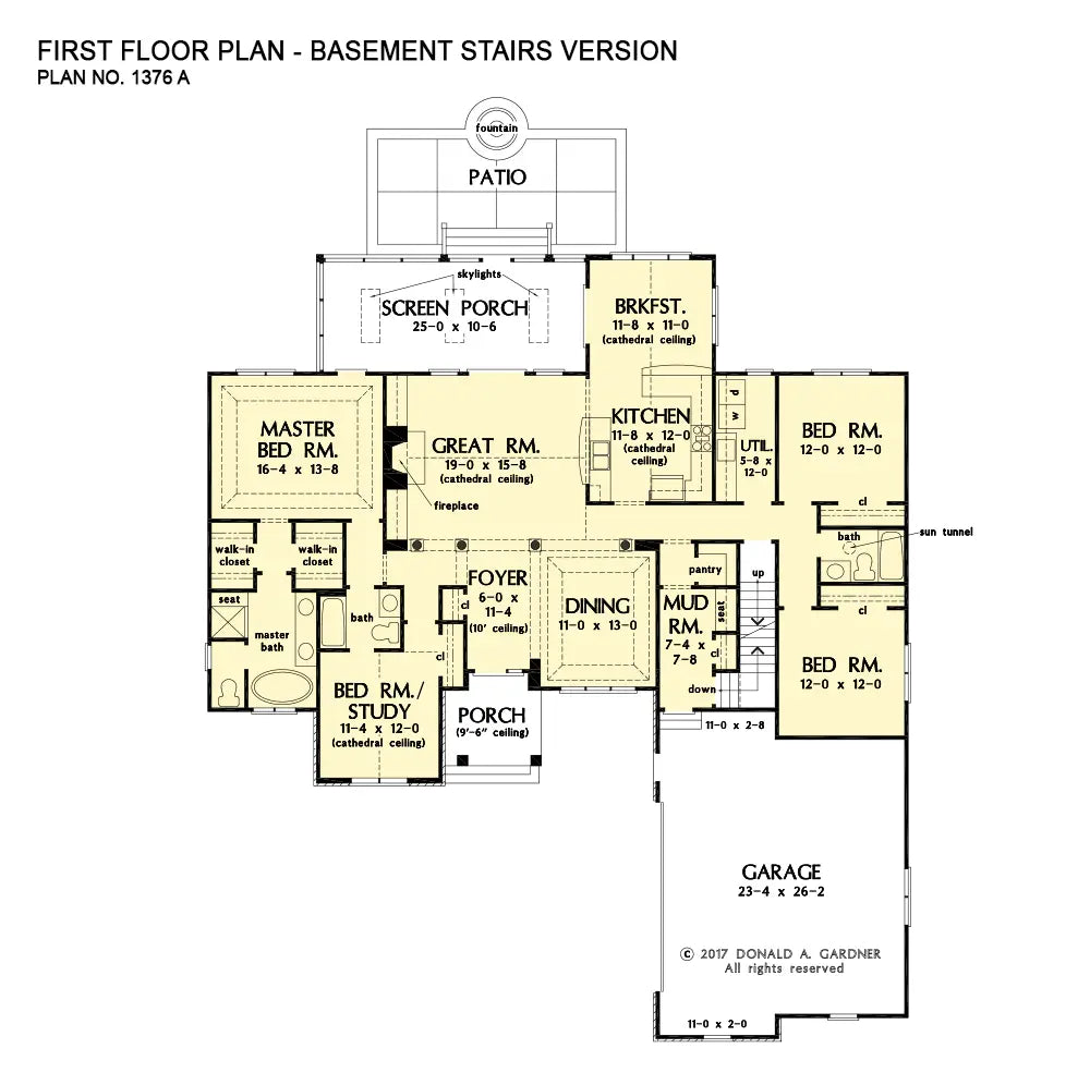 This is the first floor plan image for one story house plan 1376 The Linnea if the home is built over a basement