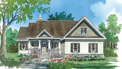 This is an illustration of the front of one story house plan 773 The Lochmere