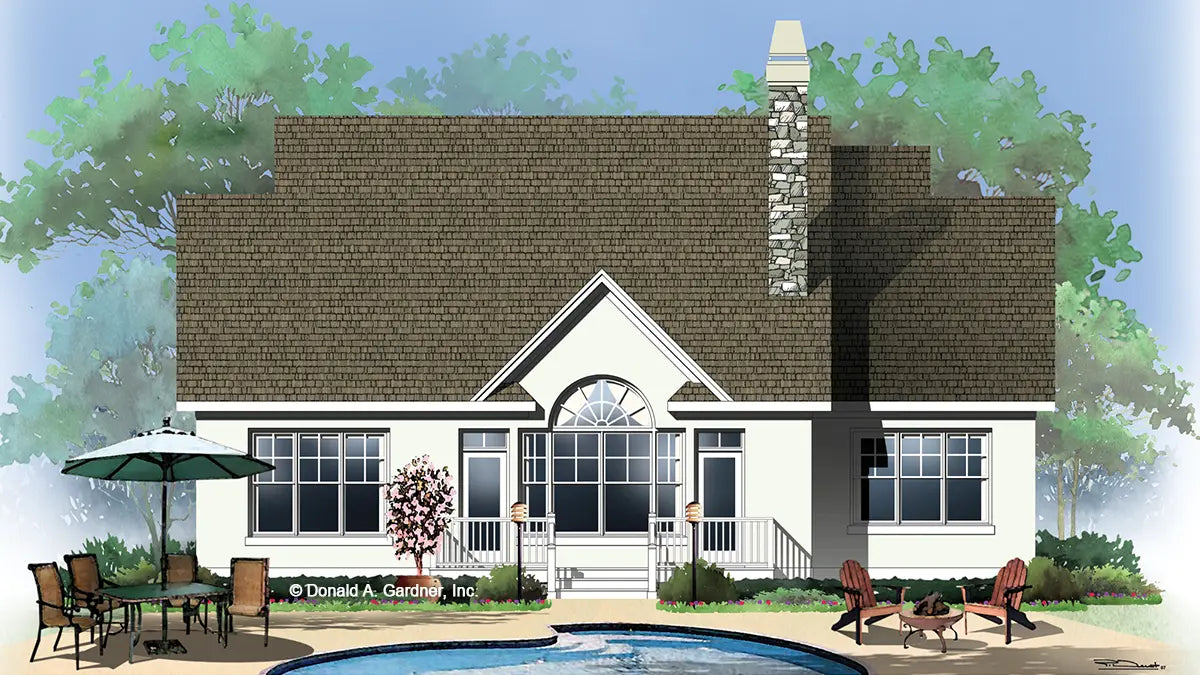 This is an illustration of the rear of narrow lot house plan 773 The Lochmere