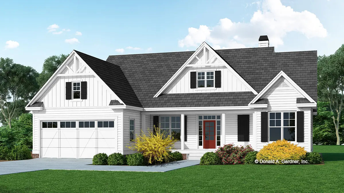 This is an illustration of the front of small house plan 1568 The Lockwood