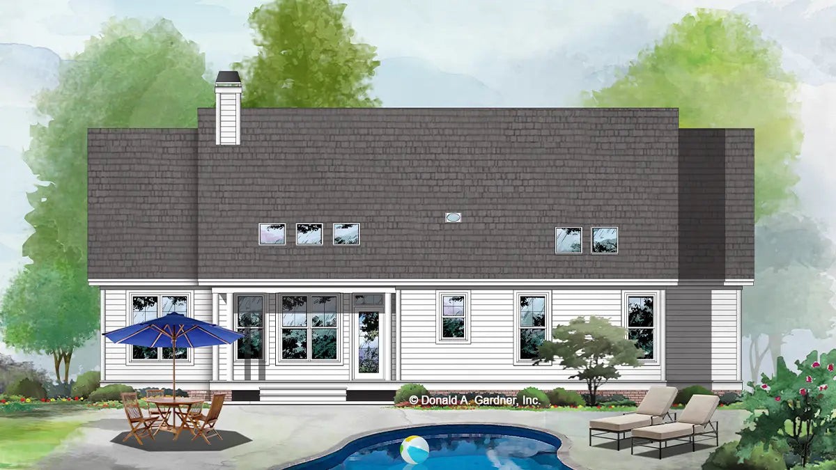 This is an illustration of the rear of modern farmhouse house plan 1568 The Lockwood