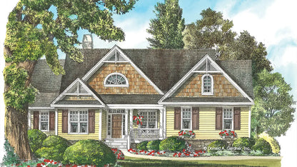 Front view photograph of a ranch home. The Longleaf plan 802.