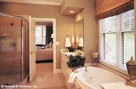 Walk-in shower across from a soaking tub in the master bathroom. The Longleaf plan 802.