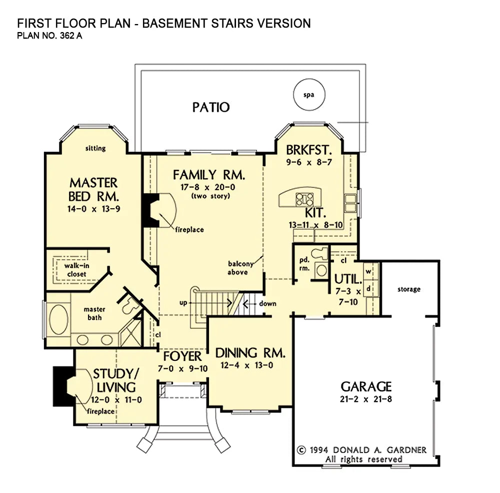 This is the first floor plan image for European house plan 362 The Longworth if the home is built over a basement