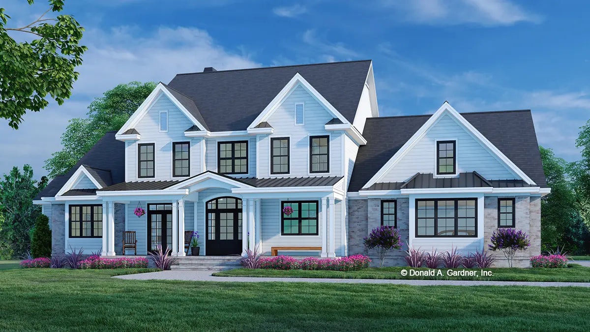 This is an illustration of the front of modern farmhouse house plan 6005 The Lorenzo