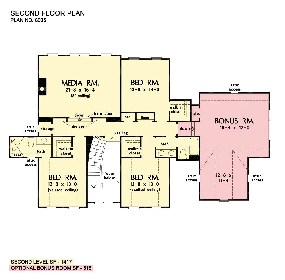 This is the second floor plan image for 5 bedroom house plan 6005 The Lorenzo