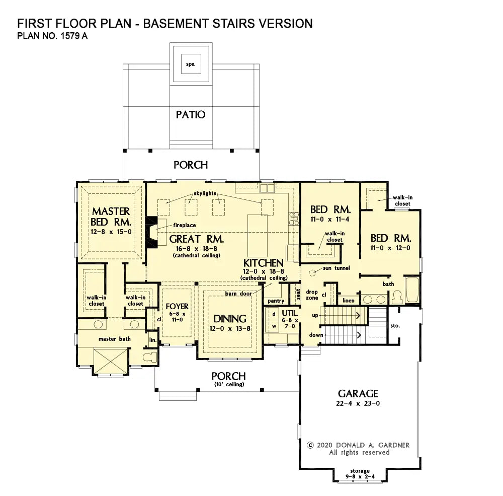 This is the first floor plan image for one story house plan 1579 The Loretta if the home is built over a basement