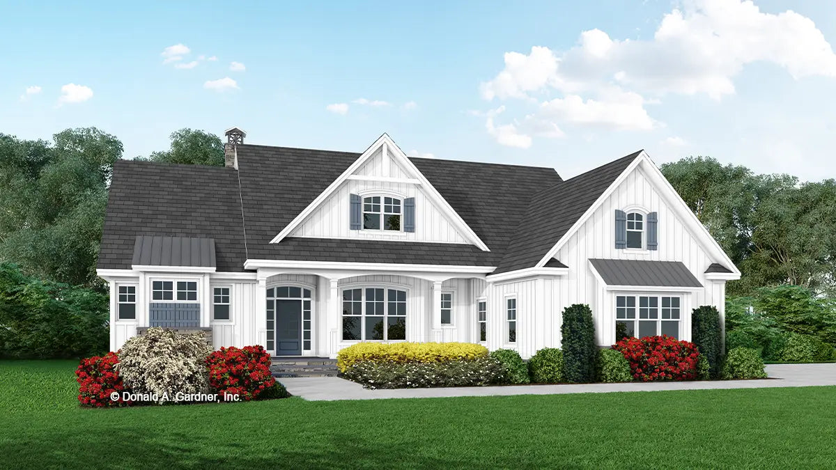 This is an illustration of the front of modern farmhouse house plan 1579 The Loretta