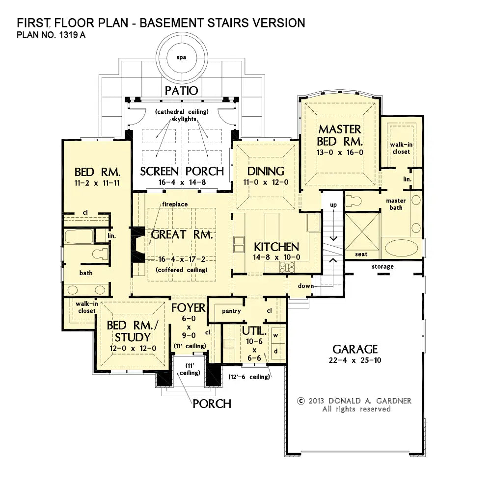 This is the first floor plan image for cottage house plan 1319 The Lucerne if the home is built over a basement