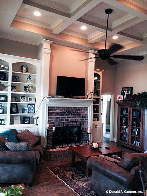 Great room picture showing coffered ceiling for house plan 1319 The Lucerne