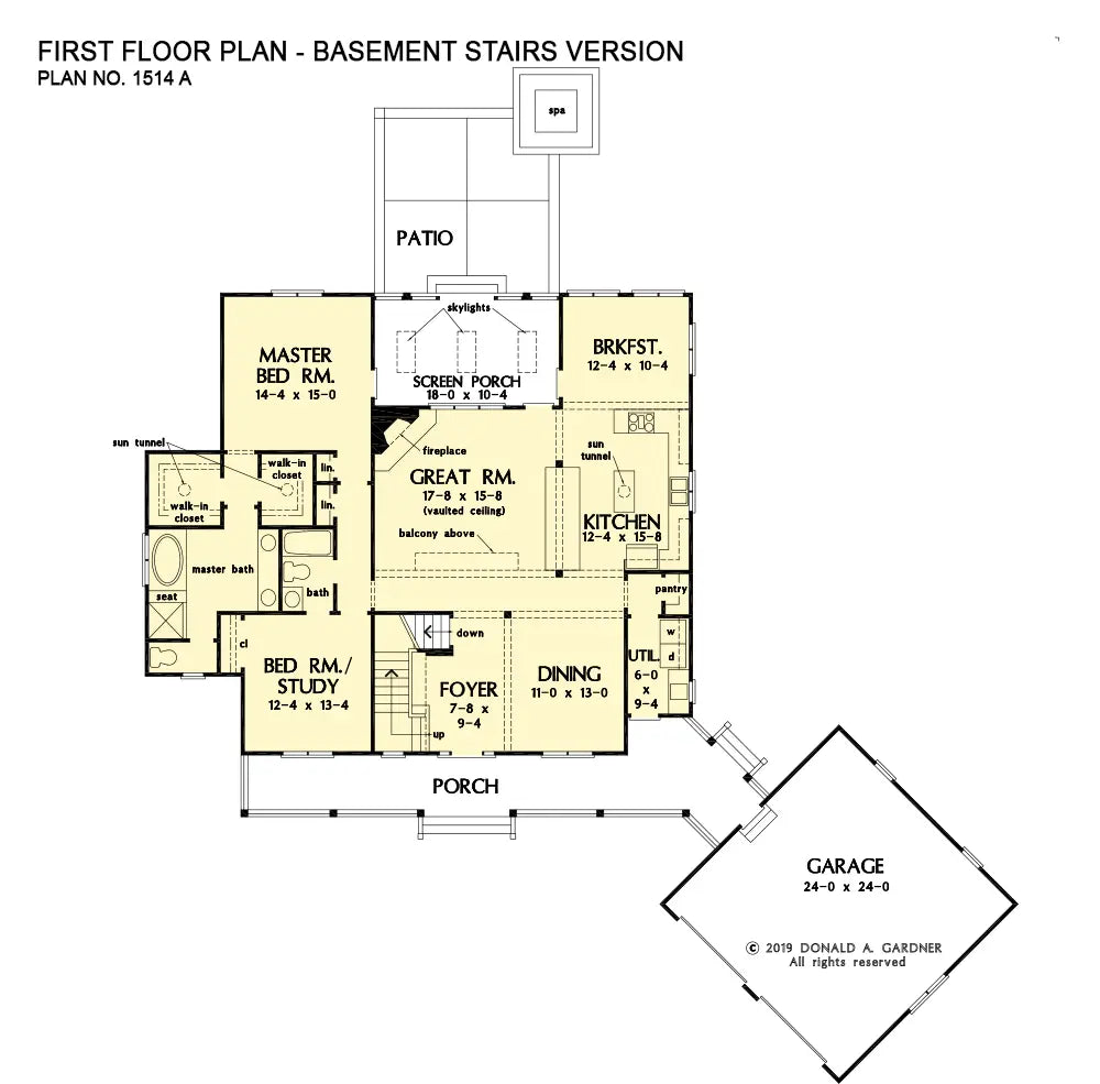 This is the first floor plan image for low country house plan 1514 The Lucinda if the home is built over a basement